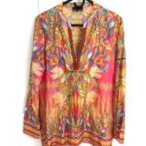 Hale Bob Bohemian Silk Floral Semi Sheer Top With Beading Size S